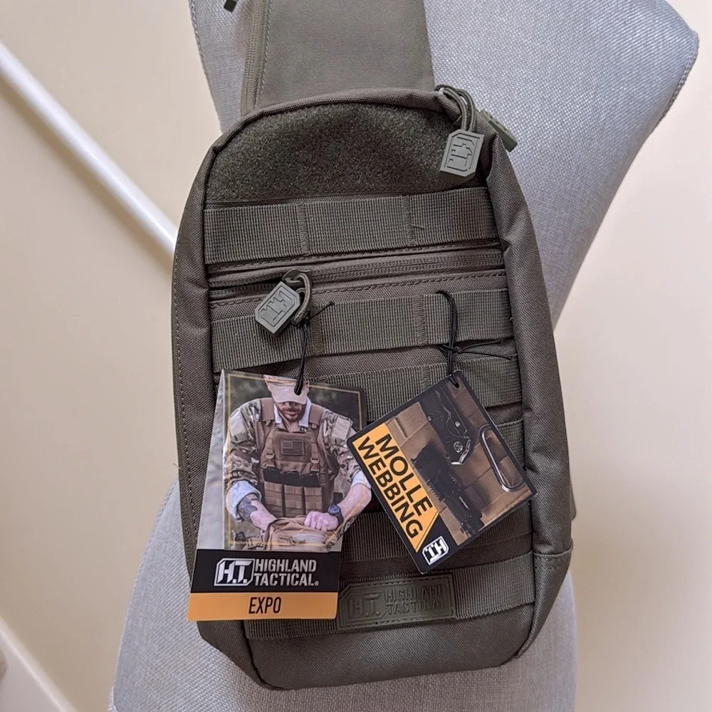 Tactical Sling Bag - Olive Green. Multiple pockets. Spacious compartments.